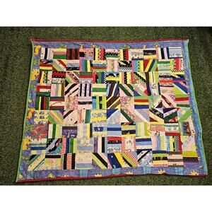 Vintage Handmade Scrappy Crazy Quilt Disney Mickey Mouse Characters 56" X 45"